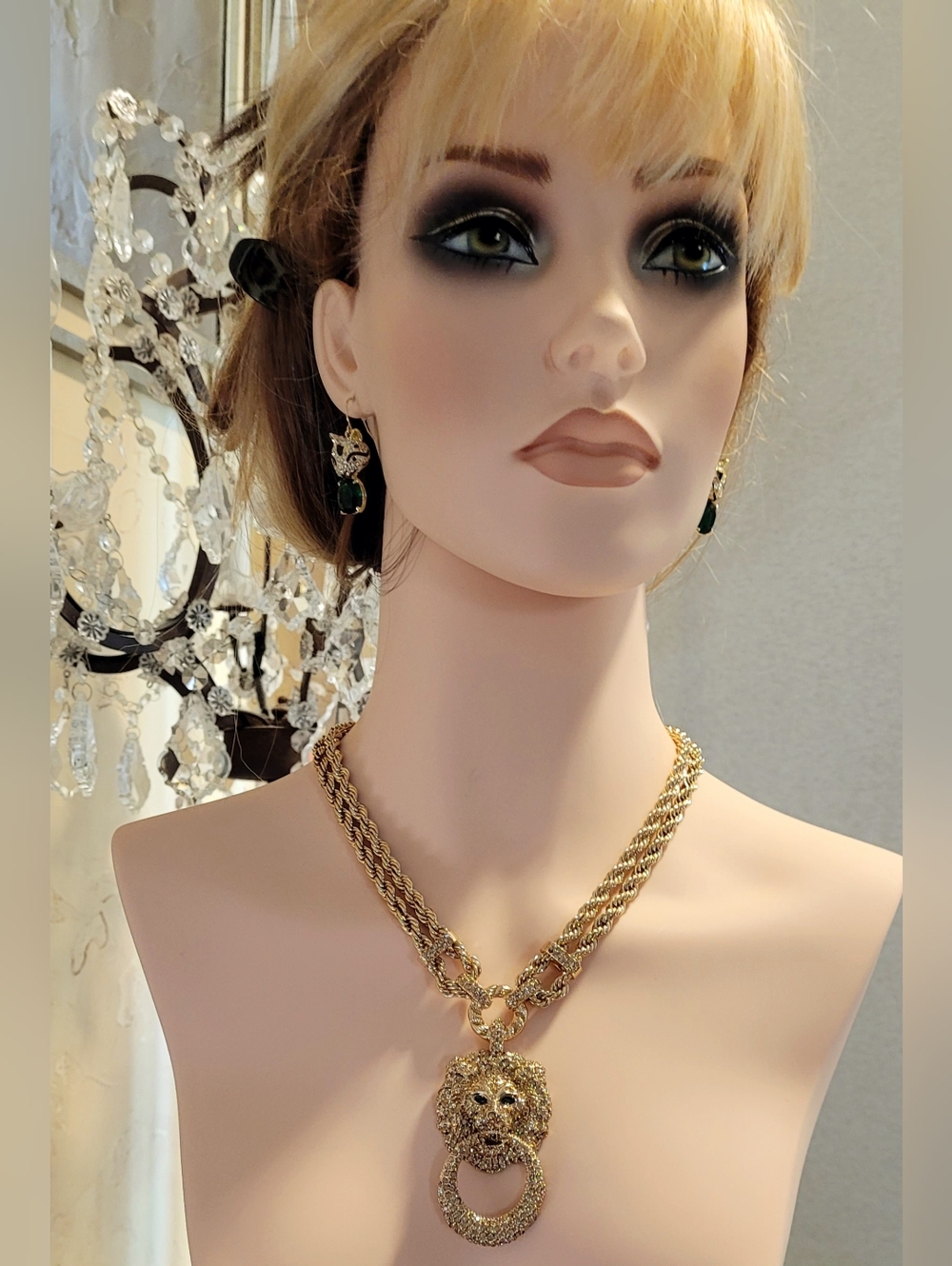 Lion Head Pendant Double Strand Rope Chain Necklace Sparkling Rhinestones